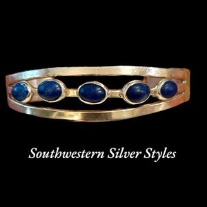 Vintage Southwestern Solid Sterling Silver (5) Blue Lapis Gemstone Cuff Bracelet